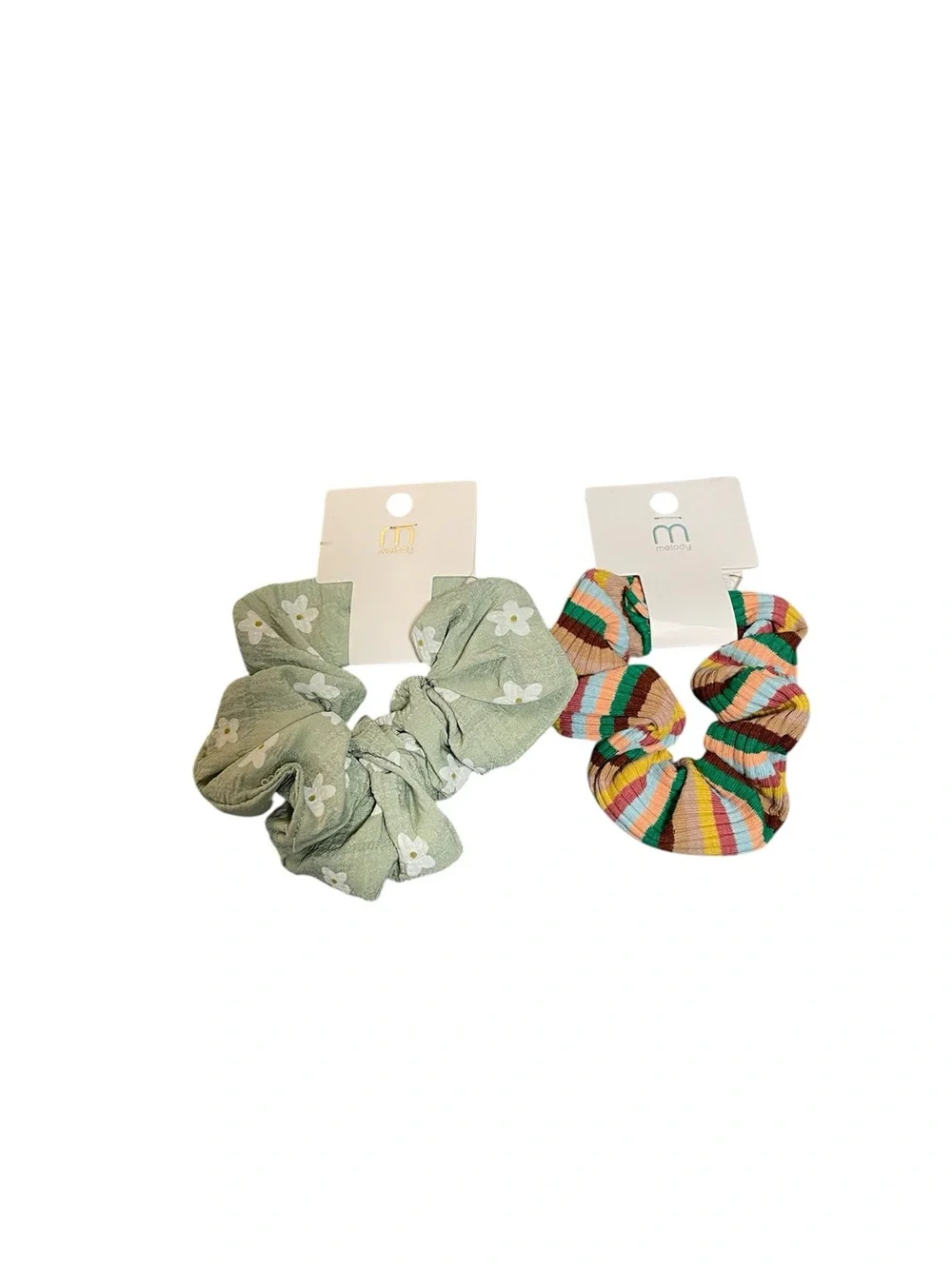 🤑 5/$25 Fxa 2-Pack Women’s Hair Scrunchies - Green Floral & Multicolor Stripe